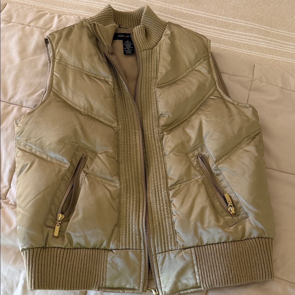 Style & Co. Olive Green Quilted Puffer Vest with Gold Zippers